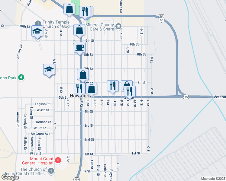 map of restaurants, bars, coffee shops, grocery stores, and more near 923 5th Street in Hawthorne