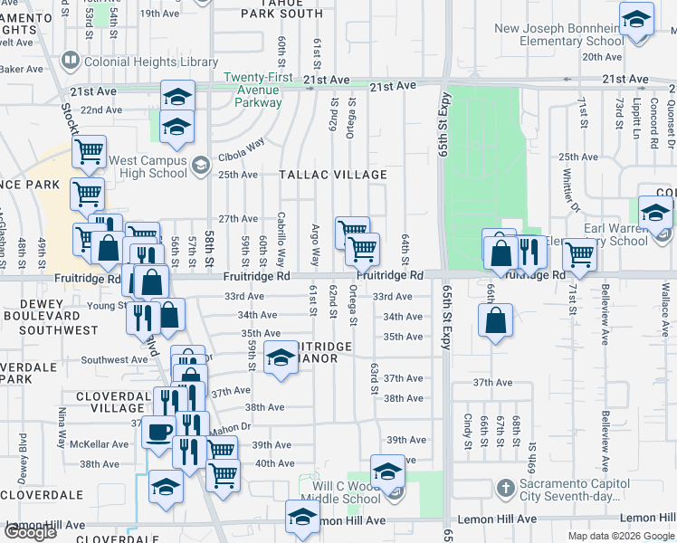 map of restaurants, bars, coffee shops, grocery stores, and more near 5641 62nd Street in Sacramento