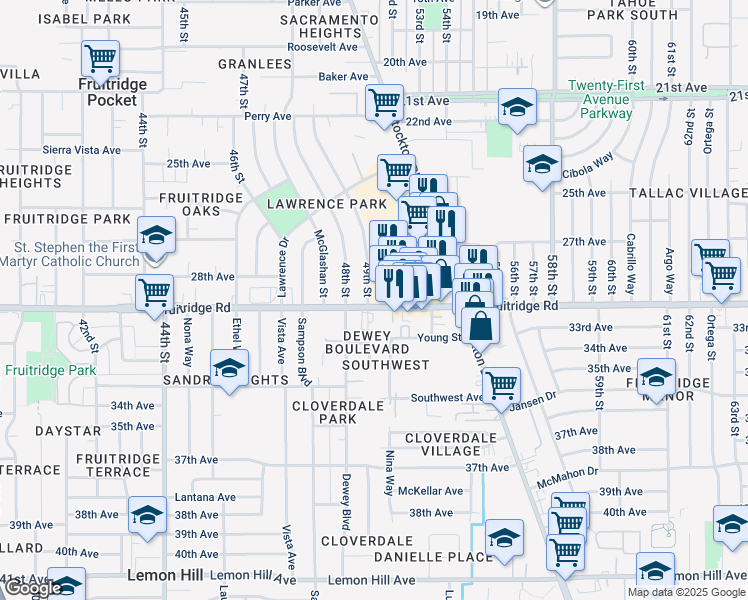 map of restaurants, bars, coffee shops, grocery stores, and more near 5140 Fruitridge Road in Sacramento