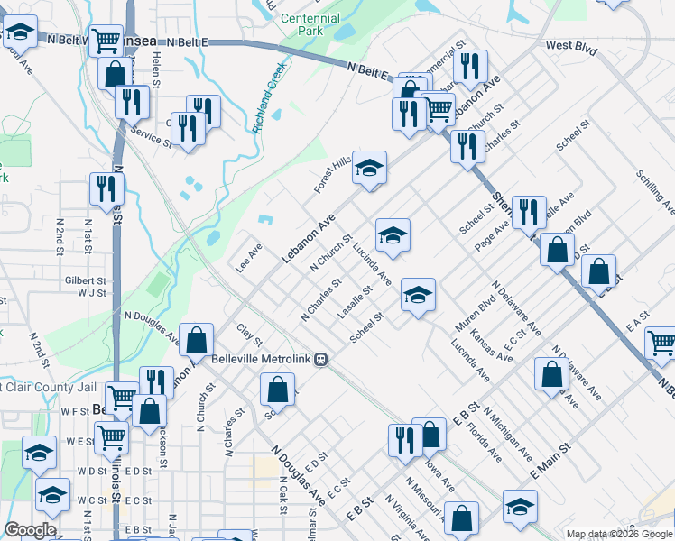 map of restaurants, bars, coffee shops, grocery stores, and more near 1019 Lasalle Street in Belleville
