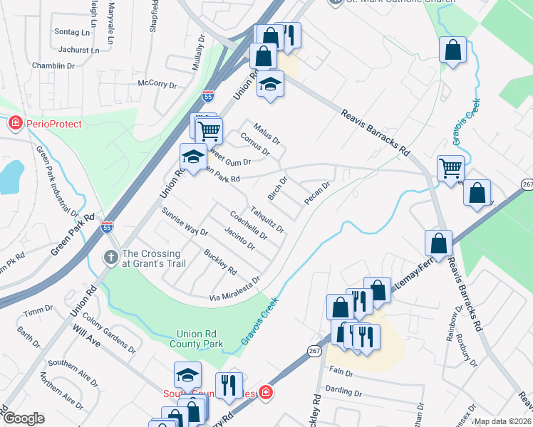 map of restaurants, bars, coffee shops, grocery stores, and more near 3843 Coachella Drive in St. Louis