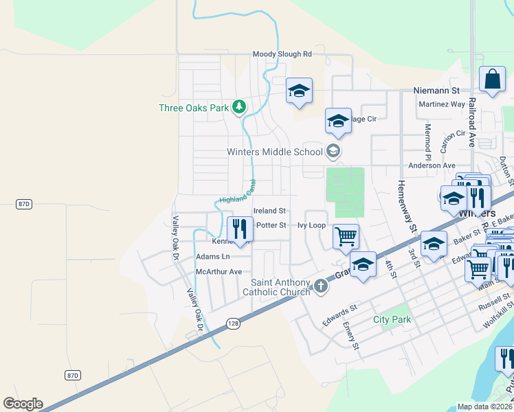 map of restaurants, bars, coffee shops, grocery stores, and more near 957 Ireland Street in Winters