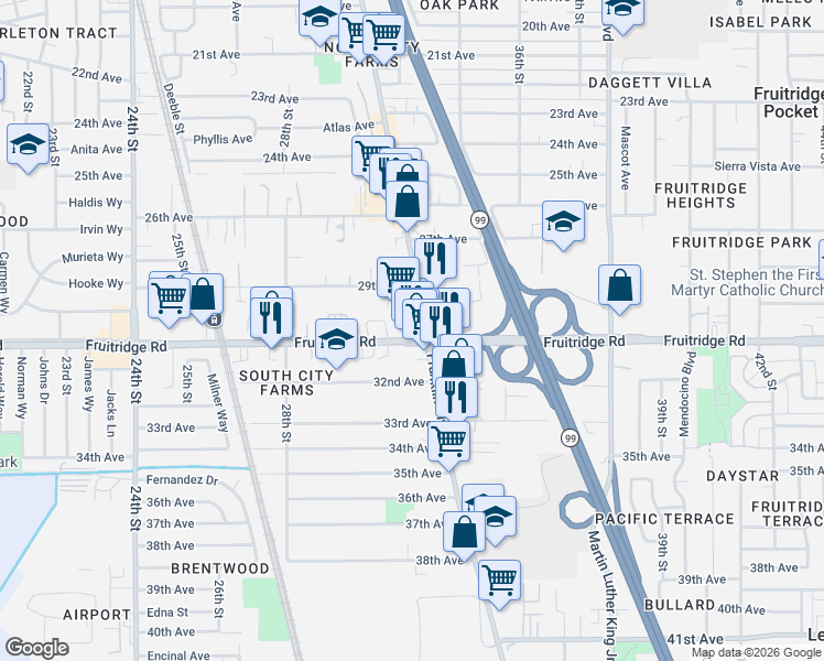 map of restaurants, bars, coffee shops, grocery stores, and more near 3131 Fruitridge Road in Sacramento