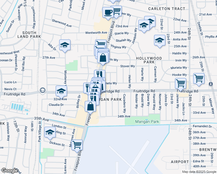 map of restaurants, bars, coffee shops, grocery stores, and more near 5601 La Campana Way in Sacramento