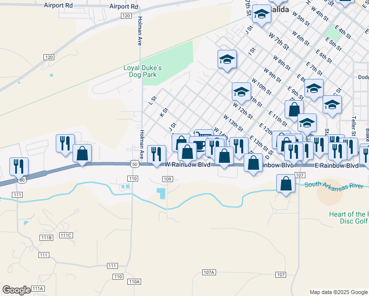 map of restaurants, bars, coffee shops, grocery stores, and more near 1521 I Street in Salida