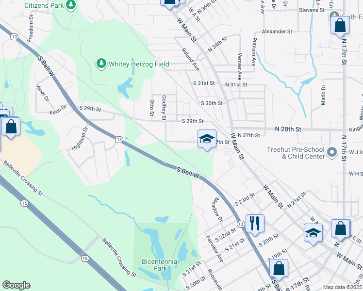 map of restaurants, bars, coffee shops, grocery stores, and more near 208 South 27th Street in Belleville