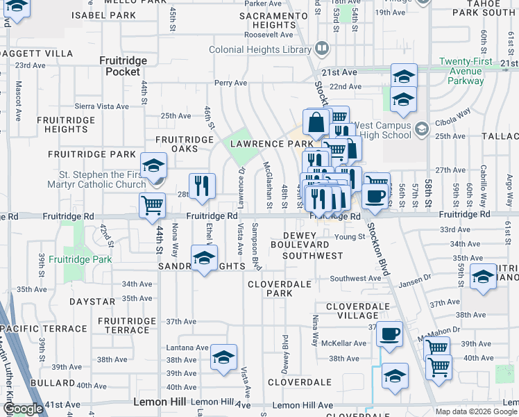 map of restaurants, bars, coffee shops, grocery stores, and more near 5465 Sampson Boulevard in Sacramento