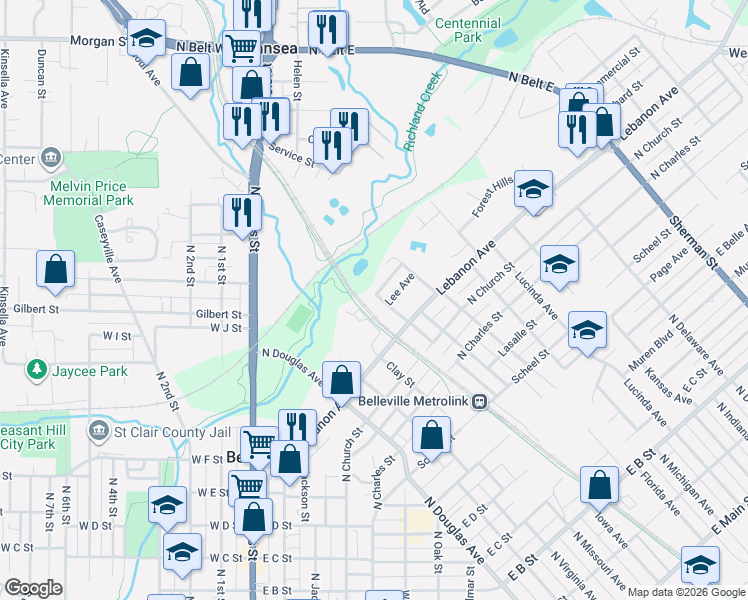 map of restaurants, bars, coffee shops, grocery stores, and more near 1209 Bristow Lane in Belleville