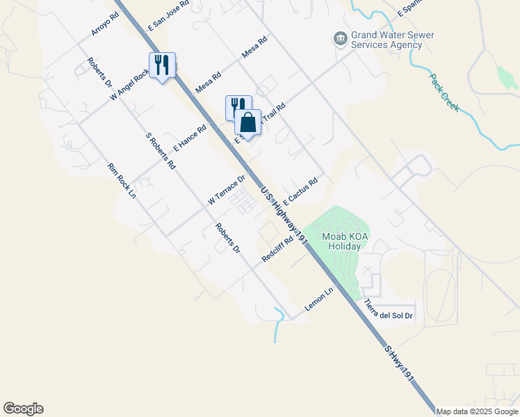 map of restaurants, bars, coffee shops, grocery stores, and more near 2 Desert Winds Drive in Moab
