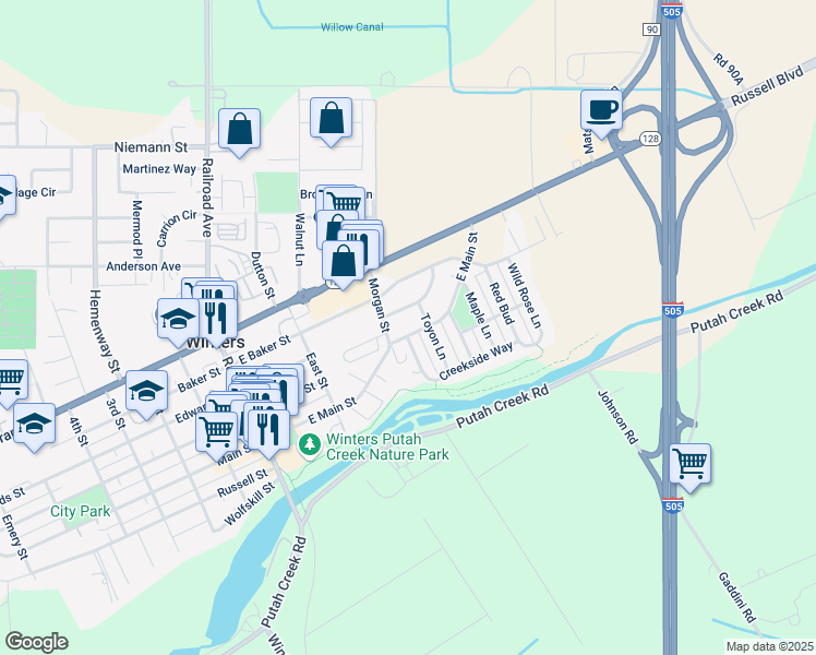map of restaurants, bars, coffee shops, grocery stores, and more near 213 White Oak Lane in Winters