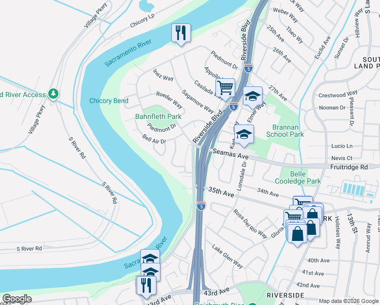 map of restaurants, bars, coffee shops, grocery stores, and more near 1047 Seamas Avenue in Sacramento
