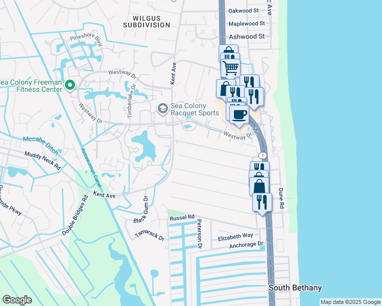 map of restaurants, bars, coffee shops, grocery stores, and more near 5 Bayberry Road in Bethany Beach