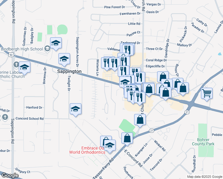 map of restaurants, bars, coffee shops, grocery stores, and more near 10516 Hackberry Drive in Sappington