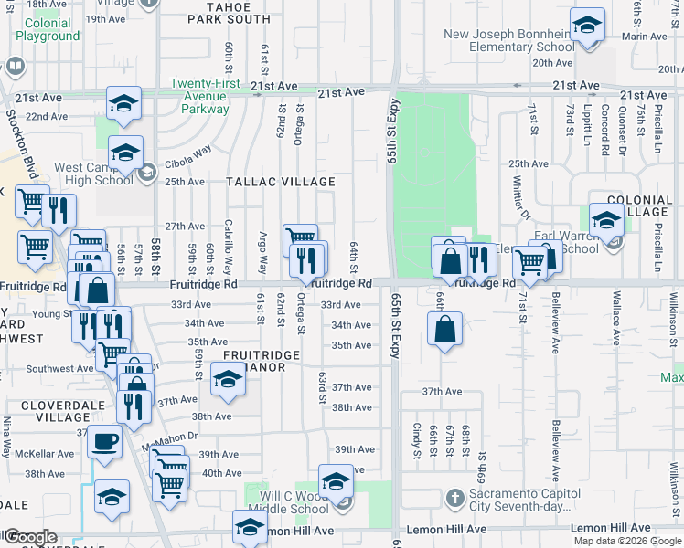 map of restaurants, bars, coffee shops, grocery stores, and more near 5455 64th Street in Sacramento