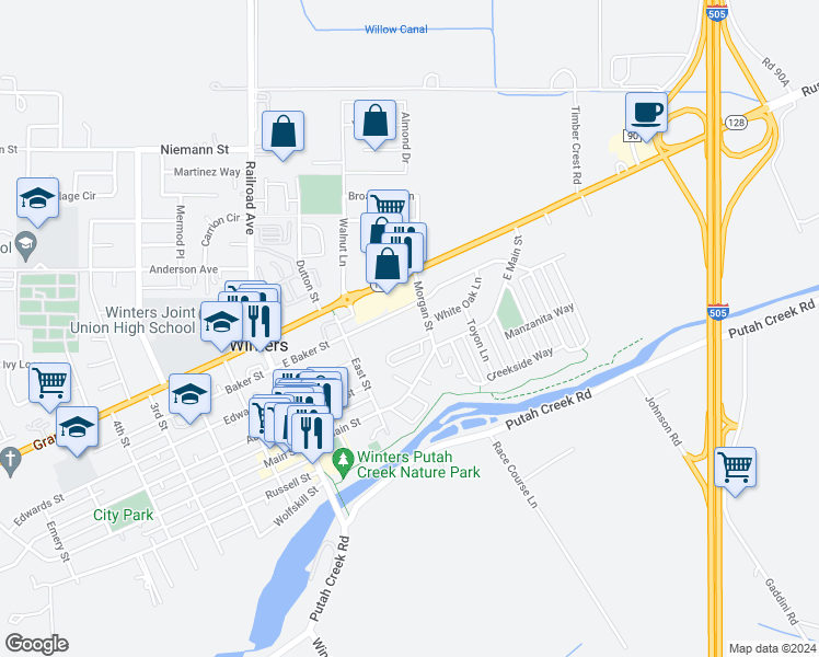 map of restaurants, bars, coffee shops, grocery stores, and more near 116 East Baker Street in Winters