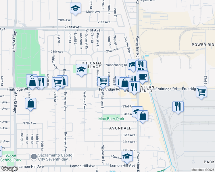 map of restaurants, bars, coffee shops, grocery stores, and more near 5560 Ontario Street in Sacramento
