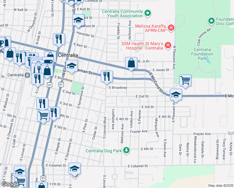 map of restaurants, bars, coffee shops, grocery stores, and more near 801-899 East Broadway in Centralia