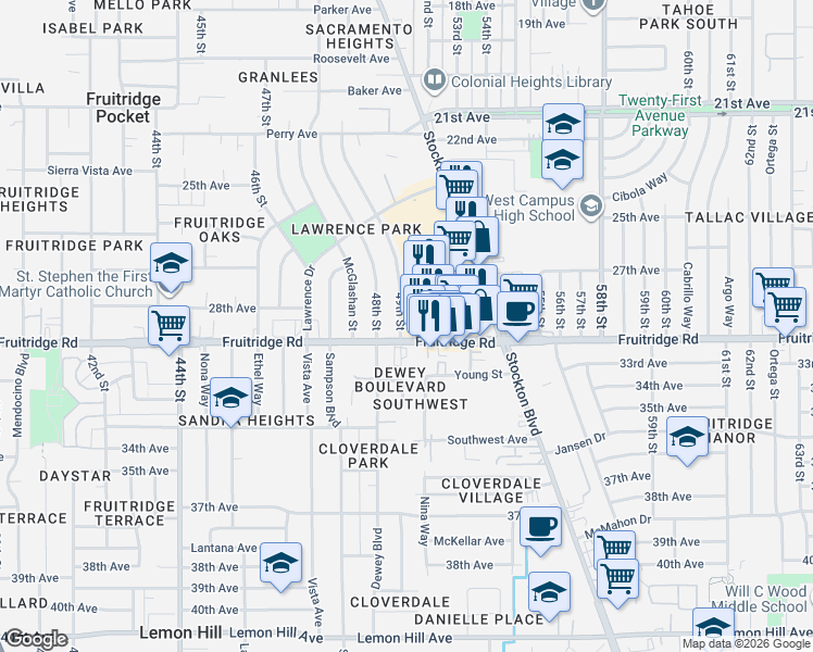 map of restaurants, bars, coffee shops, grocery stores, and more near 5521 49th Street in Sacramento