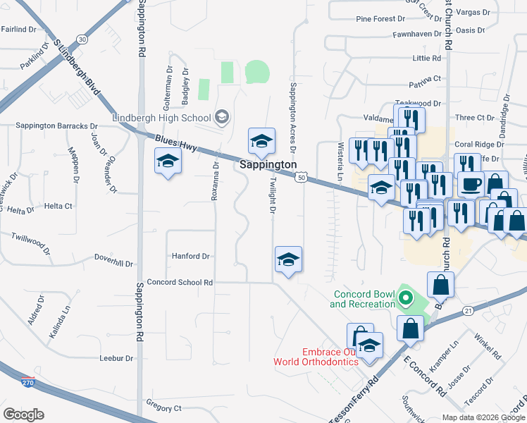 map of restaurants, bars, coffee shops, grocery stores, and more near 10538 Twilight Drive in Sappington