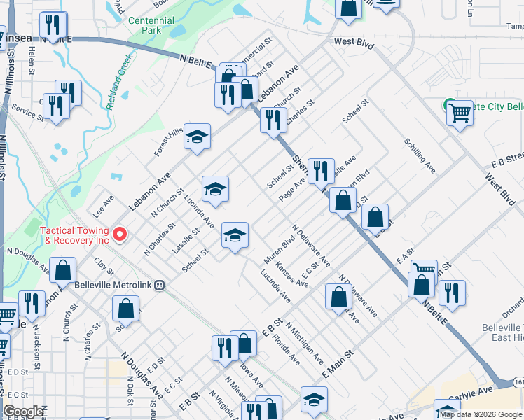 map of restaurants, bars, coffee shops, grocery stores, and more near 1710 Scheel Street in Belleville