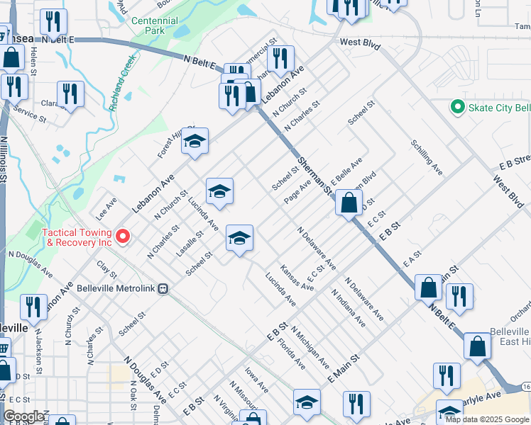 map of restaurants, bars, coffee shops, grocery stores, and more near 1710 Scheel Street in Belleville