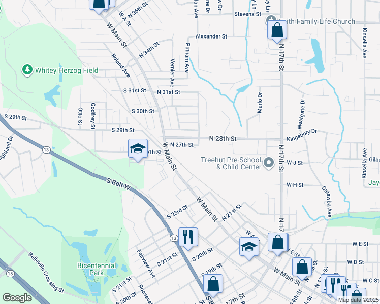 map of restaurants, bars, coffee shops, grocery stores, and more near 134 North 28th Street in Belleville