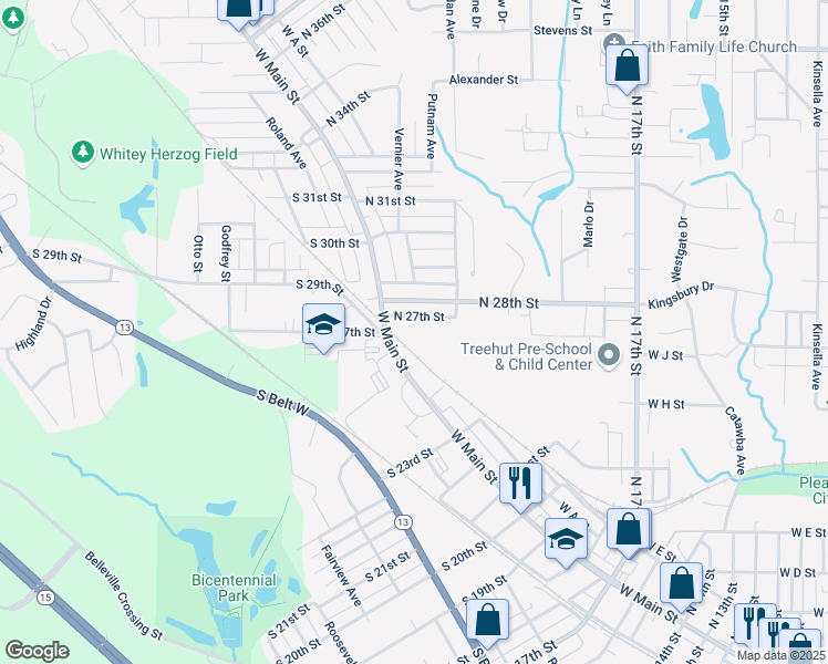 map of restaurants, bars, coffee shops, grocery stores, and more near 104 North 27th Street in Belleville
