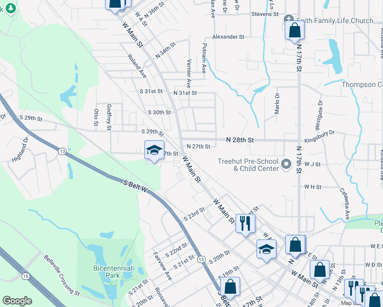 map of restaurants, bars, coffee shops, grocery stores, and more near 104 North 27th Street in Belleville
