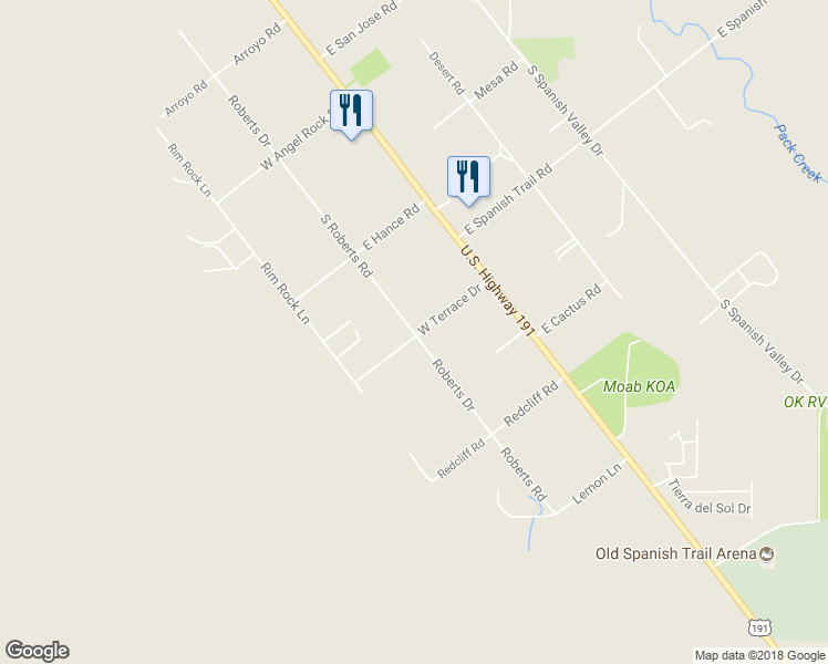 map of restaurants, bars, coffee shops, grocery stores, and more near 3199 South Roberts Road in Moab