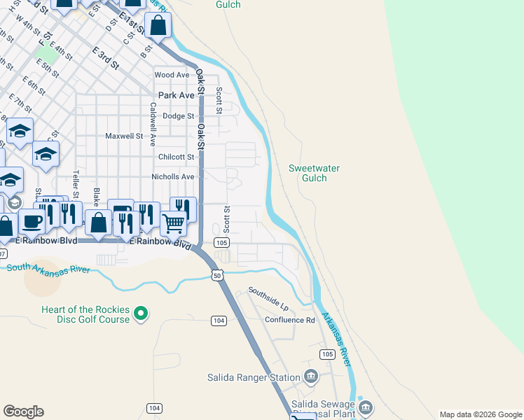 map of restaurants, bars, coffee shops, grocery stores, and more near 1040 Illinois Avenue in Salida
