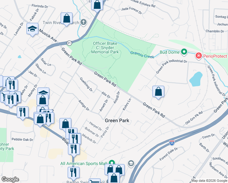 map of restaurants, bars, coffee shops, grocery stores, and more near 9510 Green Park Road in St. Louis