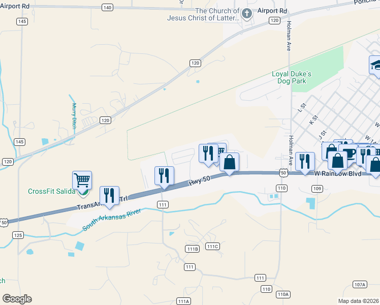 map of restaurants, bars, coffee shops, grocery stores, and more near 137 Starbuck Circle in Salida