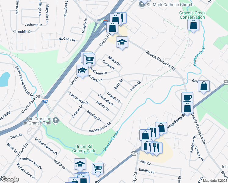map of restaurants, bars, coffee shops, grocery stores, and more near 4040 Redland Drive in St. Louis