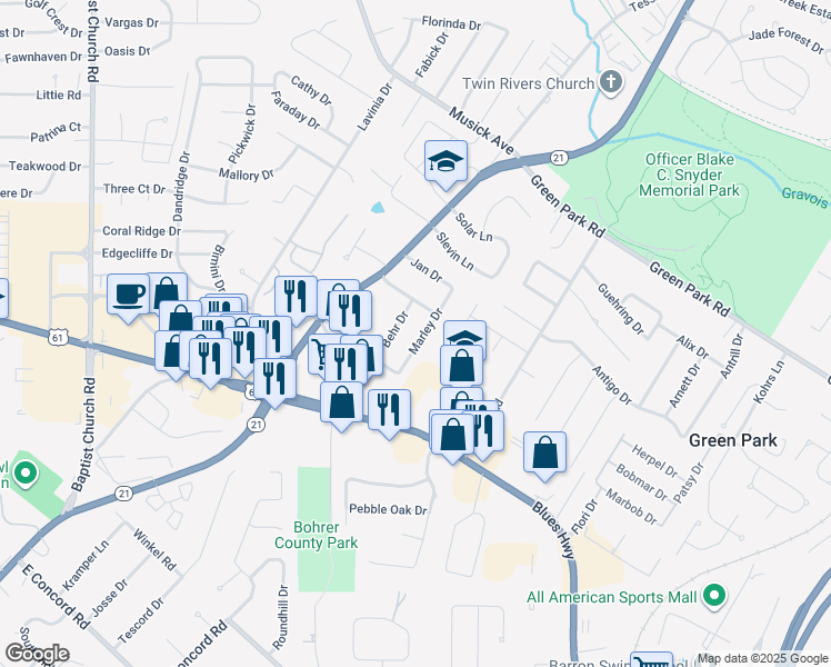 map of restaurants, bars, coffee shops, grocery stores, and more near 11214 Behr Drive in St. Louis