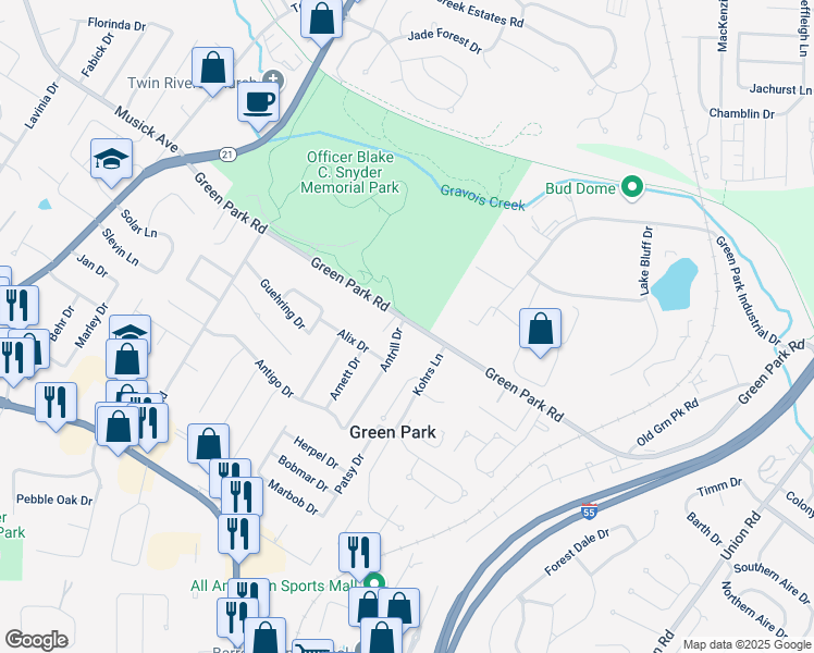 map of restaurants, bars, coffee shops, grocery stores, and more near 10702 Antrill Drive in St. Louis