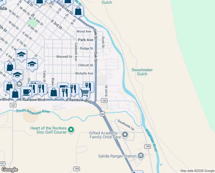 map of restaurants, bars, coffee shops, grocery stores, and more near 651 Scott Street in Salida