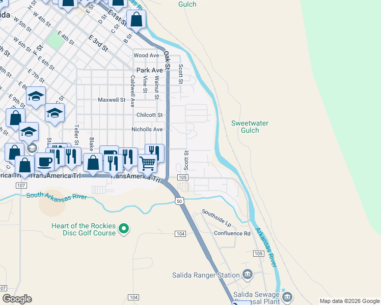 map of restaurants, bars, coffee shops, grocery stores, and more near 651 Scott Street in Salida