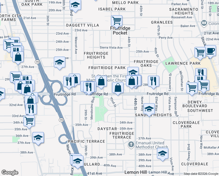 map of restaurants, bars, coffee shops, grocery stores, and more near 5491 Enrico Boulevard in Sacramento