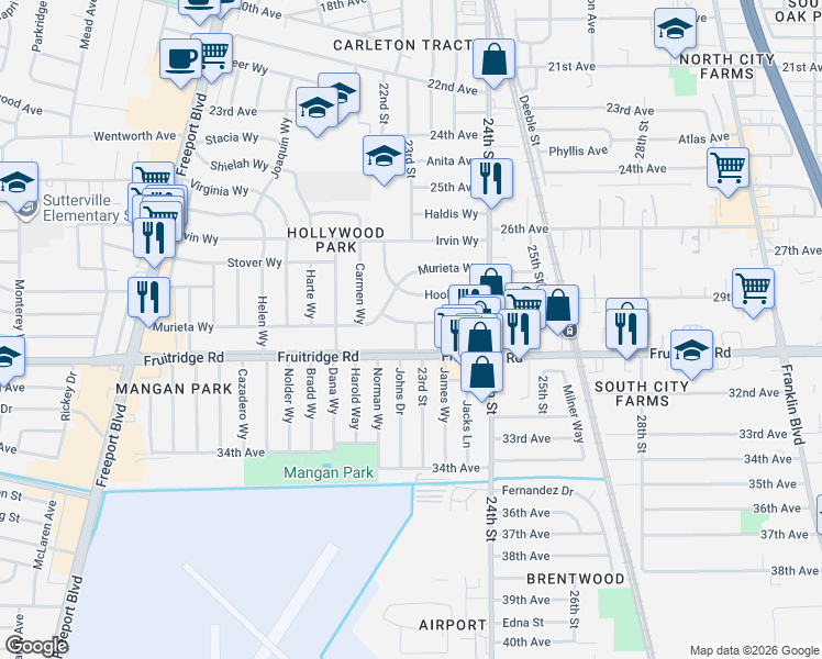 map of restaurants, bars, coffee shops, grocery stores, and more near 2261 Knight Way in Sacramento