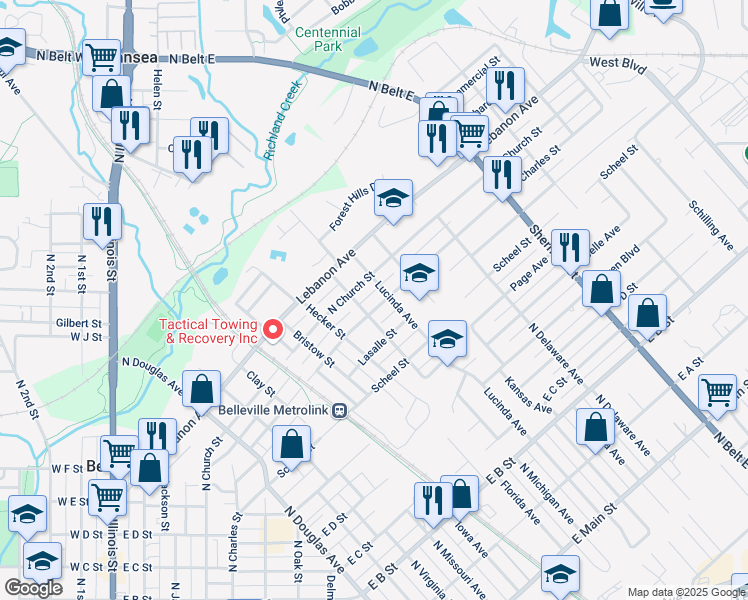 map of restaurants, bars, coffee shops, grocery stores, and more near 809 Lucinda Avenue in Belleville