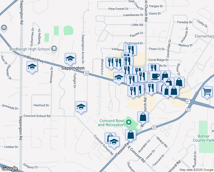 map of restaurants, bars, coffee shops, grocery stores, and more near 10563 Carroll Wood Way in Sappington