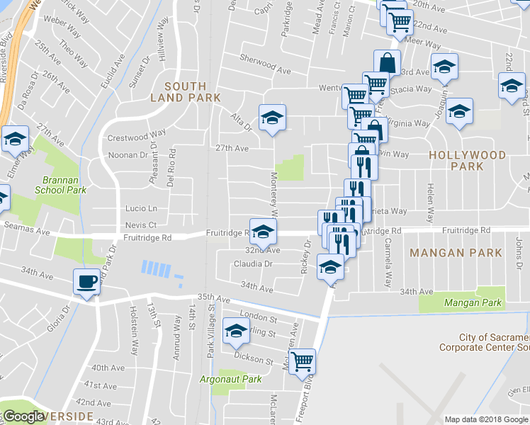map of restaurants, bars, coffee shops, grocery stores, and more near 1461 Shirley Dr in Sacramento