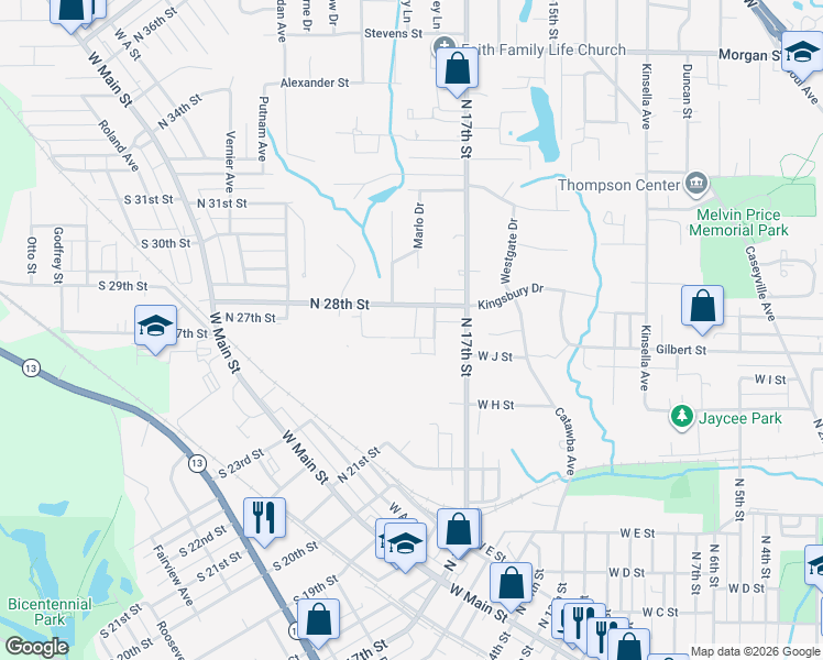 map of restaurants, bars, coffee shops, grocery stores, and more near 502 North 28th Street in Belleville