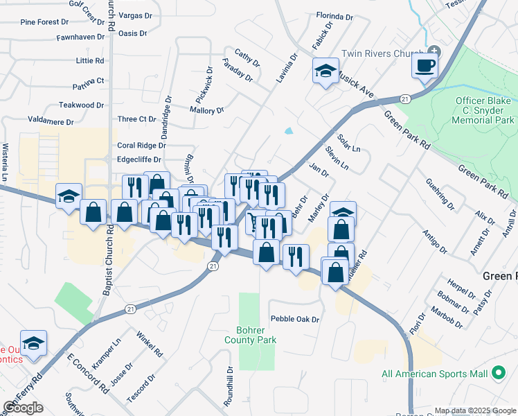 map of restaurants, bars, coffee shops, grocery stores, and more near 9985 Lin Ferry Road in St. Louis