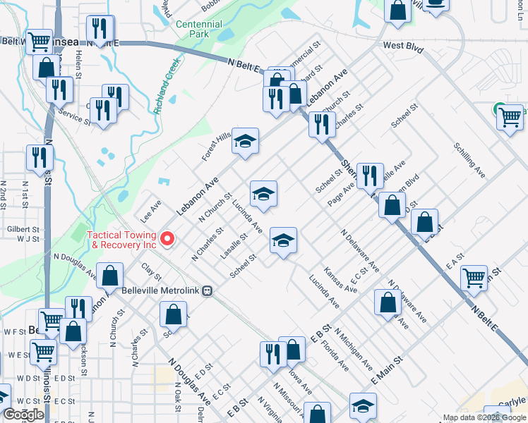 map of restaurants, bars, coffee shops, grocery stores, and more near 1400 North Charles Street in Belleville