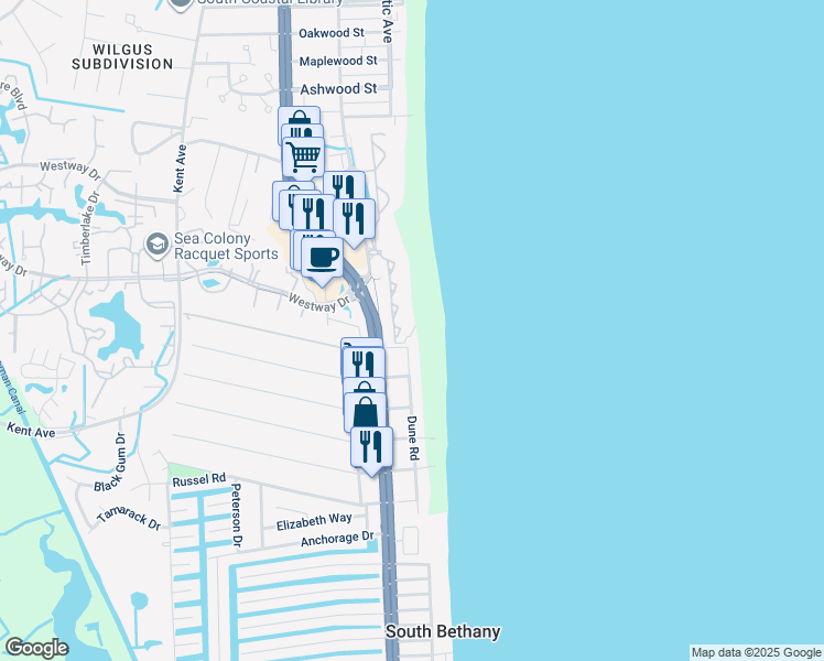 map of restaurants, bars, coffee shops, grocery stores, and more near 605 Island House Road in Bethany Beach