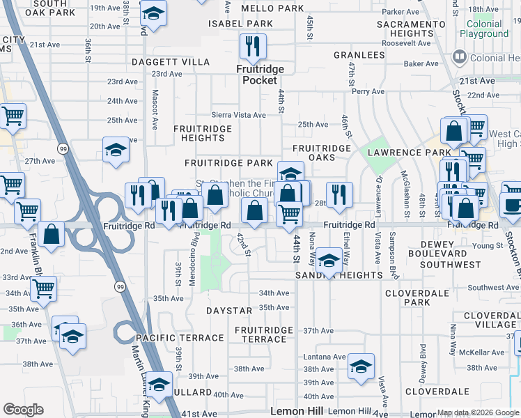 map of restaurants, bars, coffee shops, grocery stores, and more near 4150 Sweetwater Avenue in Sacramento