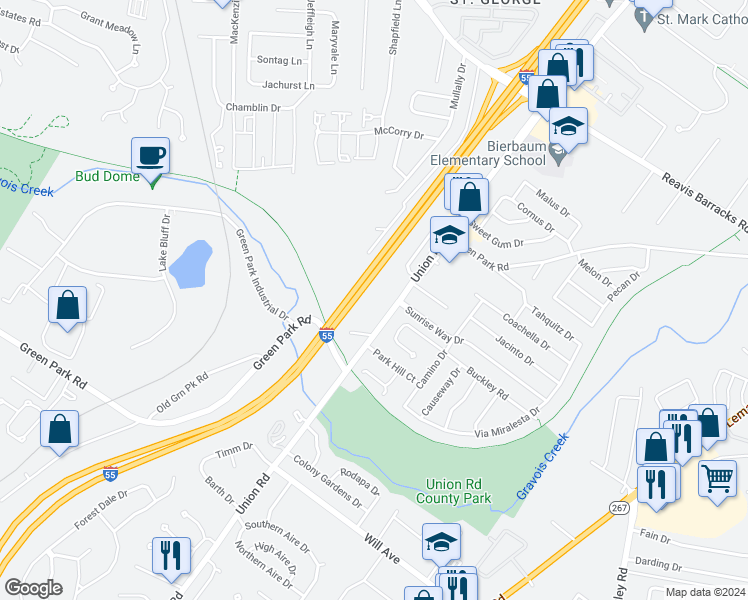 map of restaurants, bars, coffee shops, grocery stores, and more near 2535 Senator Court in St. Louis