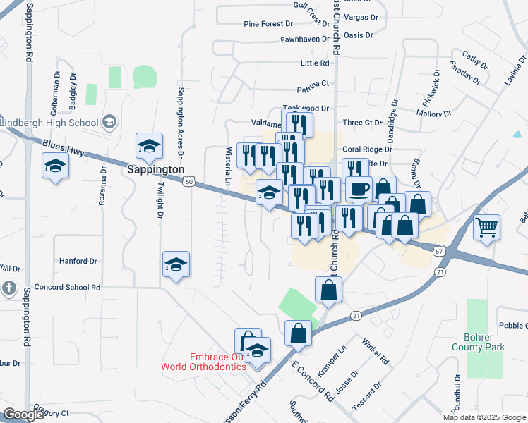 map of restaurants, bars, coffee shops, grocery stores, and more near 10516 Hackberry Drive in Sappington