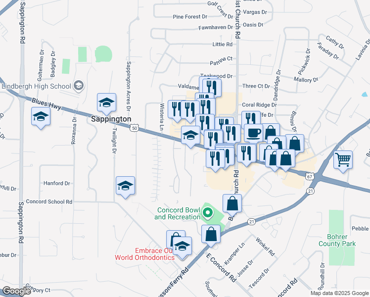 map of restaurants, bars, coffee shops, grocery stores, and more near 10516 Hackberry Drive in Sappington